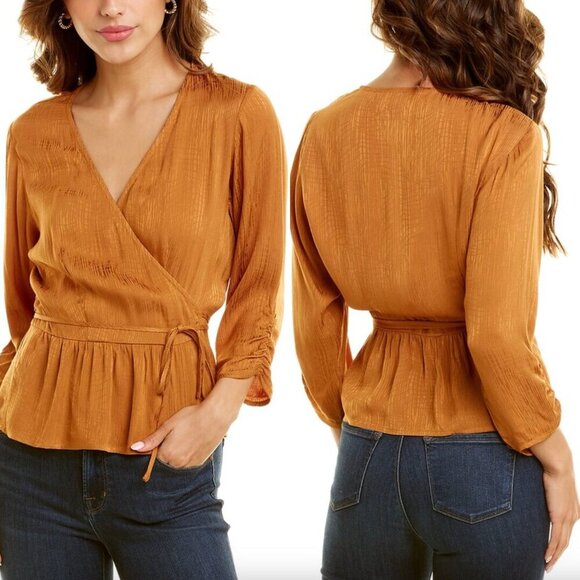 Linden Street Studio Copper Warm Tan Stripe Wrap Long Sleeve V-neck Blouse Top - Picture 1 of 6